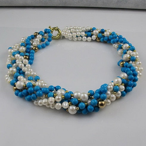 Unique Pearls jewellery Store,6rows Round Blue Turquoises White Freshwater Pearl Necklace,Charming Women Gift Jewelry