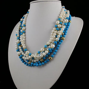 Unique Pearls jewellery Store,6rows Round Blue Turquoises White Freshwater Pearl Necklace,Charming Women Gift Jewelry