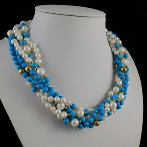 Unique Pearls jewellery Store,6rows Round Blue Turquoises White Freshwater Pearl Necklace,Charming Women Gift Jewelry