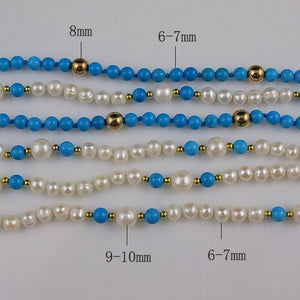 Unique Pearls jewellery Store,6rows Round Blue Turquoises White Freshwater Pearl Necklace,Charming Women Gift Jewelry