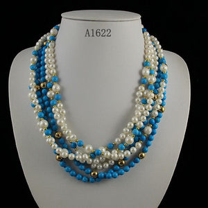 Unique Pearls jewellery Store,6rows Round Blue Turquoises White Freshwater Pearl Necklace,Charming Women Gift Jewelry