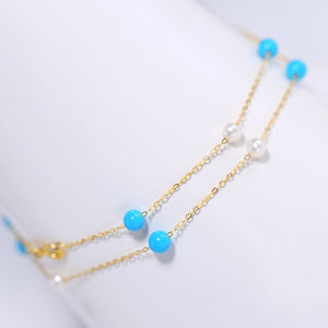 Sinya 18k gold chain necklace with natural pearls and turquoise star family design fine jewelry for girls women ladies on sale