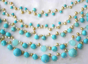 New Perfect Pearl Jewelry 5 Rows White Pearls Natural Turquoise Crystal Beads Necklace Handmade Fashion Women Gift