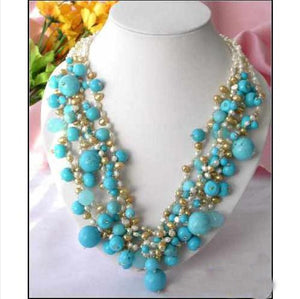 New Perfect Pearl Jewelry 5 Rows White Pearls Natural Turquoise Crystal Beads Necklace Handmade Fashion Women Gift