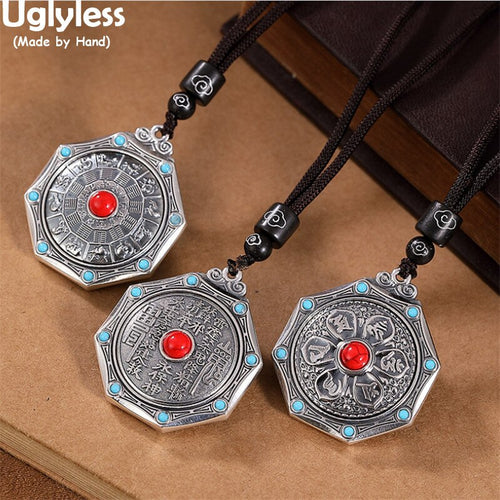 Uglyless Unisex 999 Pure Silver Spinning Buddhistic Jewelry for Men Women Turquoise Agate Necklaces + Rope Thai Silver Mantra