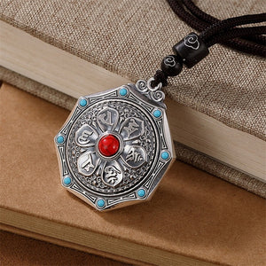 Uglyless Unisex 999 Pure Silver Spinning Buddhistic Jewelry for Men Women Turquoise Agate Necklaces + Rope Thai Silver Mantra