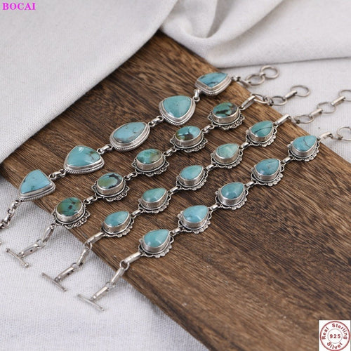 BOCAI Real Sterling Silver S925 Bracelet Retro Fashion Thai Silver Turquoise Simple Elegant Women's Hand Chain Argentum Jewelry