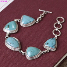 Load image into Gallery viewer, BOCAI Real Sterling Silver S925 Bracelet Retro Fashion Thai Silver Turquoise Simple Elegant Women&#39;s Hand Chain Argentum Jewelry