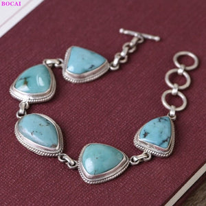 BOCAI Real Sterling Silver S925 Bracelet Retro Fashion Thai Silver Turquoise Simple Elegant Women's Hand Chain Argentum Jewelry