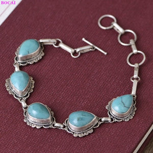 BOCAI Real Sterling Silver S925 Bracelet Retro Fashion Thai Silver Turquoise Simple Elegant Women's Hand Chain Argentum Jewelry