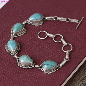 BOCAI Real Sterling Silver S925 Bracelet Retro Fashion Thai Silver Turquoise Simple Elegant Women's Hand Chain Argentum Jewelry