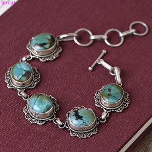 BOCAI Real Sterling Silver S925 Bracelet Retro Fashion Thai Silver Turquoise Simple Elegant Women's Hand Chain Argentum Jewelry