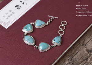 BOCAI Real Sterling Silver S925 Bracelet Retro Fashion Thai Silver Turquoise Simple Elegant Women's Hand Chain Argentum Jewelry