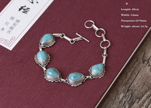 BOCAI Real Sterling Silver S925 Bracelet Retro Fashion Thai Silver Turquoise Simple Elegant Women's Hand Chain Argentum Jewelry