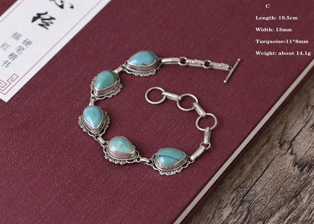 BOCAI Real Sterling Silver S925 Bracelet Retro Fashion Thai Silver Turquoise Simple Elegant Women's Hand Chain Argentum Jewelry