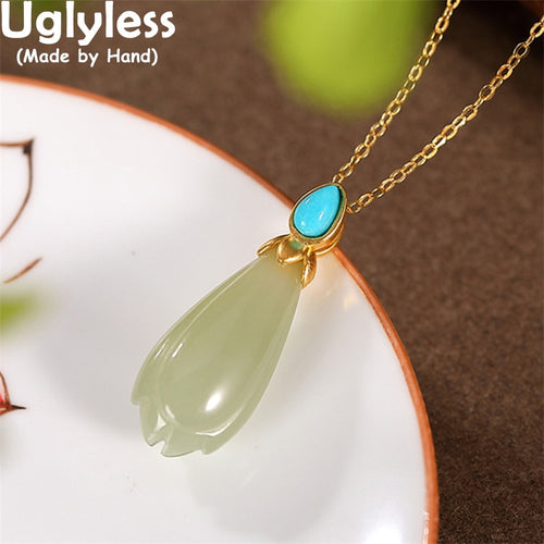 Uglyless 100% Genuine 24K Pure Gold Necklaces Women Natural Jade Magnolia Flowers Pendants 925 Silver Jewelry Turquoise NO Chain