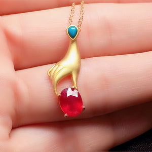 Natural Ruby Pendant S925 Silver Electroplated 24k Gold Seiko Inlaid Main Stone 6*8mm Turquoise Frosted Women's Jewelry