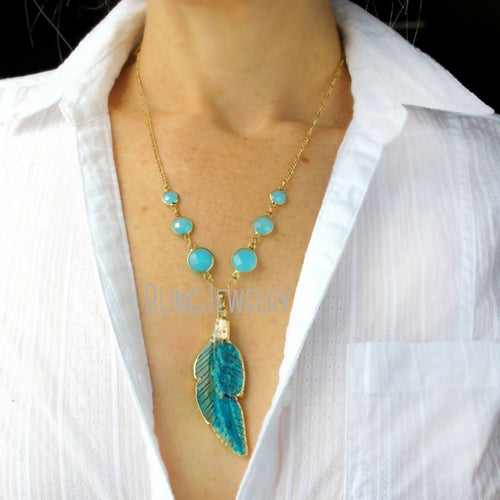 NM19055  Turquoises Jewelry Necklace Blue Sea Sediment Jaspers Feather Necklace Round Bezel Jewelry