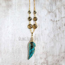 Load image into Gallery viewer, NM19055  Turquoises Jewelry Necklace Blue Sea Sediment Jaspers Feather Necklace Round Bezel Jewelry