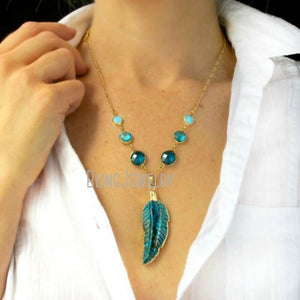 NM19055  Turquoises Jewelry Necklace Blue Sea Sediment Jaspers Feather Necklace Round Bezel Jewelry