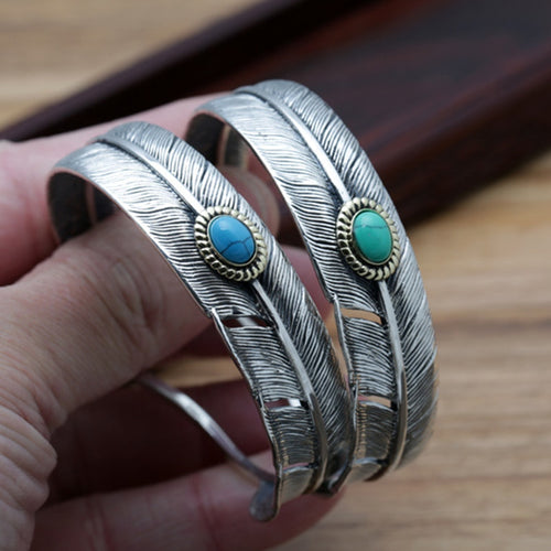 S925 Sterling Silver Jewelry Vintage Thai Silver Simple Feather Inlaid Turquoise Men Adjusting Bracelet