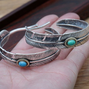 S925 Sterling Silver Jewelry Vintage Thai Silver Simple Feather Inlaid Turquoise Men Adjusting Bracelet