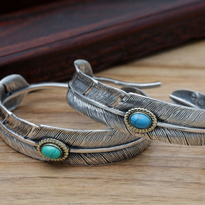 S925 Sterling Silver Jewelry Vintage Thai Silver Simple Feather Inlaid Turquoise Men Adjusting Bracelet