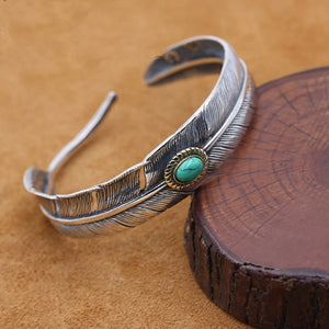 S925 Sterling Silver Jewelry Vintage Thai Silver Simple Feather Inlaid Turquoise Men Adjusting Bracelet