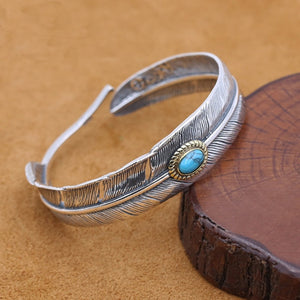 S925 Sterling Silver Jewelry Vintage Thai Silver Simple Feather Inlaid Turquoise Men Adjusting Bracelet