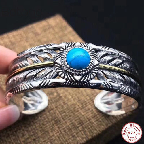 100% S925 sterling Thai silver colour Hollow out Ethnic Indian Style Inlaid Turquoise Bracelet Bangle Jewelry Men Women Bangle