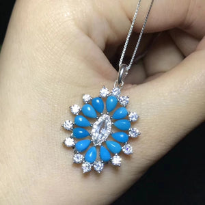 S925 silver natural blue turquoise gem necklace natural gemstone pendant Elegant geometry Talonpaw woman party gift  jewelry