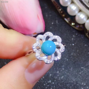 ELEGANT BLUE TURQUOISE RING AND STUD EARRINGS JEWELRY SET WOMEN ORNAMENT 925 STERLING SILVER FINE JEWELRY ROUND NATURAL GEM GIFT