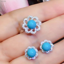 Load image into Gallery viewer, ELEGANT BLUE TURQUOISE RING AND STUD EARRINGS JEWELRY SET WOMEN ORNAMENT 925 STERLING SILVER FINE JEWELRY ROUND NATURAL GEM GIFT