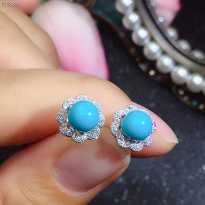 ELEGANT BLUE TURQUOISE RING AND STUD EARRINGS JEWELRY SET WOMEN ORNAMENT 925 STERLING SILVER FINE JEWELRY ROUND NATURAL GEM GIFT