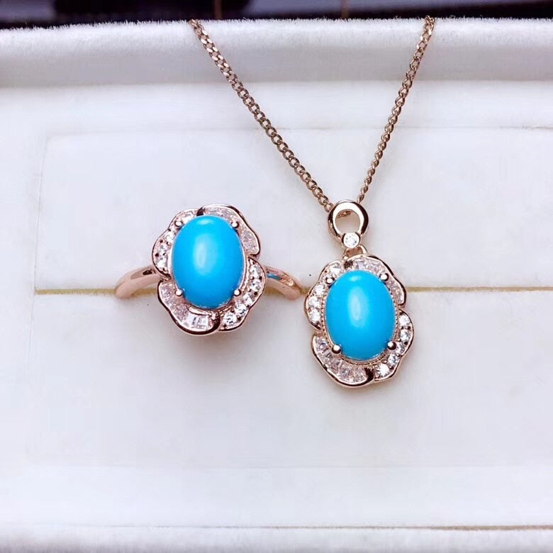 Fashion blue turquoise ring and necklace  jewelry set for women 925 sterling silver oval gem girl birthday gift blue color