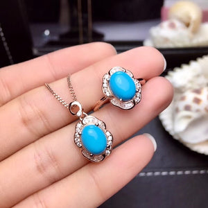 Fashion blue turquoise ring and necklace  jewelry set for women 925 sterling silver oval gem girl birthday gift blue color