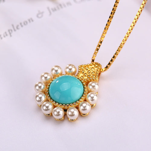 925 STERLING SILVER GOLD-PLATED ROUND LIGHT BLUE TURQUOISE NATURAL STONE AND PEARL PENDANT NECKLACE FINE JEWELRY FOR WOMEN