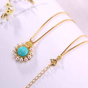 925 STERLING SILVER GOLD-PLATED ROUND LIGHT BLUE TURQUOISE NATURAL STONE AND PEARL PENDANT NECKLACE FINE JEWELRY FOR WOMEN