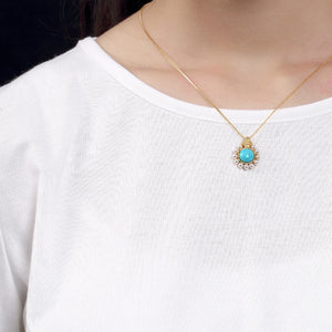 925 STERLING SILVER GOLD-PLATED ROUND LIGHT BLUE TURQUOISE NATURAL STONE AND PEARL PENDANT NECKLACE FINE JEWELRY FOR WOMEN