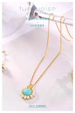 Load image into Gallery viewer, 925 STERLING SILVER GOLD-PLATED ROUND LIGHT BLUE TURQUOISE NATURAL STONE AND PEARL PENDANT NECKLACE FINE JEWELRY FOR WOMEN