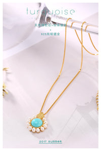 925 STERLING SILVER GOLD-PLATED ROUND LIGHT BLUE TURQUOISE NATURAL STONE AND PEARL PENDANT NECKLACE FINE JEWELRY FOR WOMEN