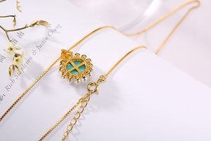 925 STERLING SILVER GOLD-PLATED ROUND LIGHT BLUE TURQUOISE NATURAL STONE AND PEARL PENDANT NECKLACE FINE JEWELRY FOR WOMEN