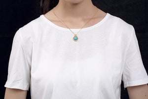 925 STERLING SILVER GOLD-PLATED ROUND LIGHT BLUE TURQUOISE NATURAL STONE AND PEARL PENDANT NECKLACE FINE JEWELRY FOR WOMEN