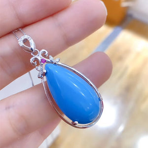 Fine jewelry 925 pure silver inlaid blue Turquoise girl noble luxury water drop Chinese style large gem pendant necklace support