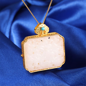 Uglyless Open Sachet Photo Folder Square Box Pendants for Women Hollow Carved Jade Necklaces 925 Silver Jewelry Turquoise +Chain