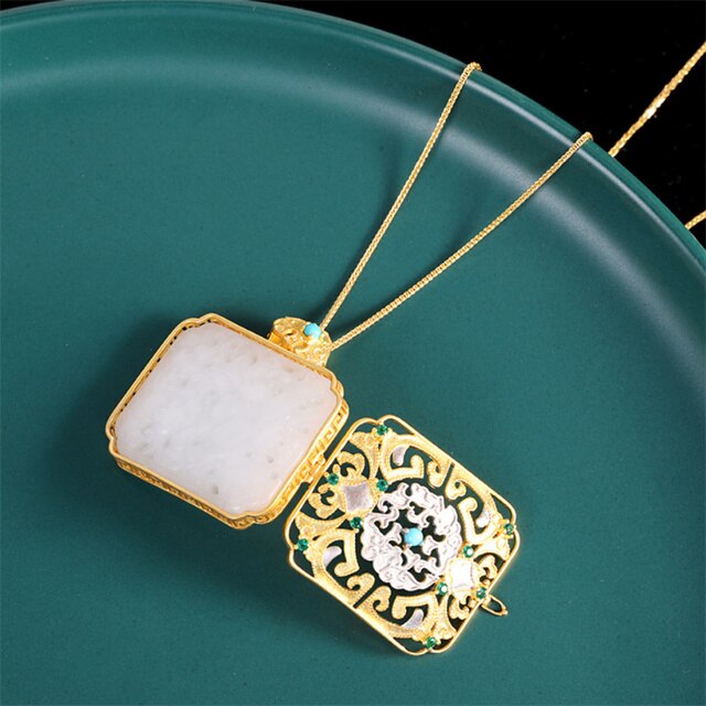 Uglyless Open Sachet Photo Folder Square Box Pendants for Women Hollow Carved Jade Necklaces 925 Silver Jewelry Turquoise +Chain