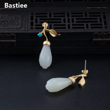 Load image into Gallery viewer, Bastiee Gold Plated Jade Drop Earrings Turquoise 925 Sterling Silver Jewelry For Women Accessories Magnolia Flower Earings Gifts