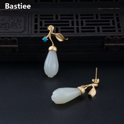 Bastiee Gold Plated Jade Drop Earrings Turquoise 925 Sterling Silver Jewelry For Women Accessories Magnolia Flower Earings Gifts