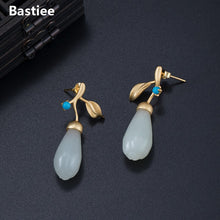 Load image into Gallery viewer, Bastiee Gold Plated Jade Drop Earrings Turquoise 925 Sterling Silver Jewelry For Women Accessories Magnolia Flower Earings Gifts