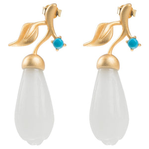 Bastiee Gold Plated Jade Drop Earrings Turquoise 925 Sterling Silver Jewelry For Women Accessories Magnolia Flower Earings Gifts